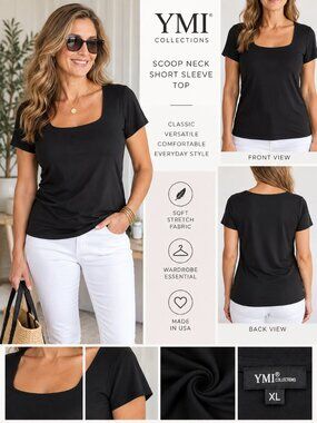 YMI Collections XL Black Short Sleeve Scoop Neck Top